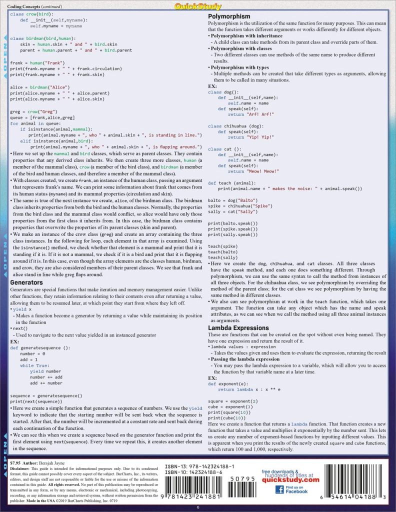 Python Programming Language QuickStudy Laminated Reference Guide      Pamphlet – May 1, 2019